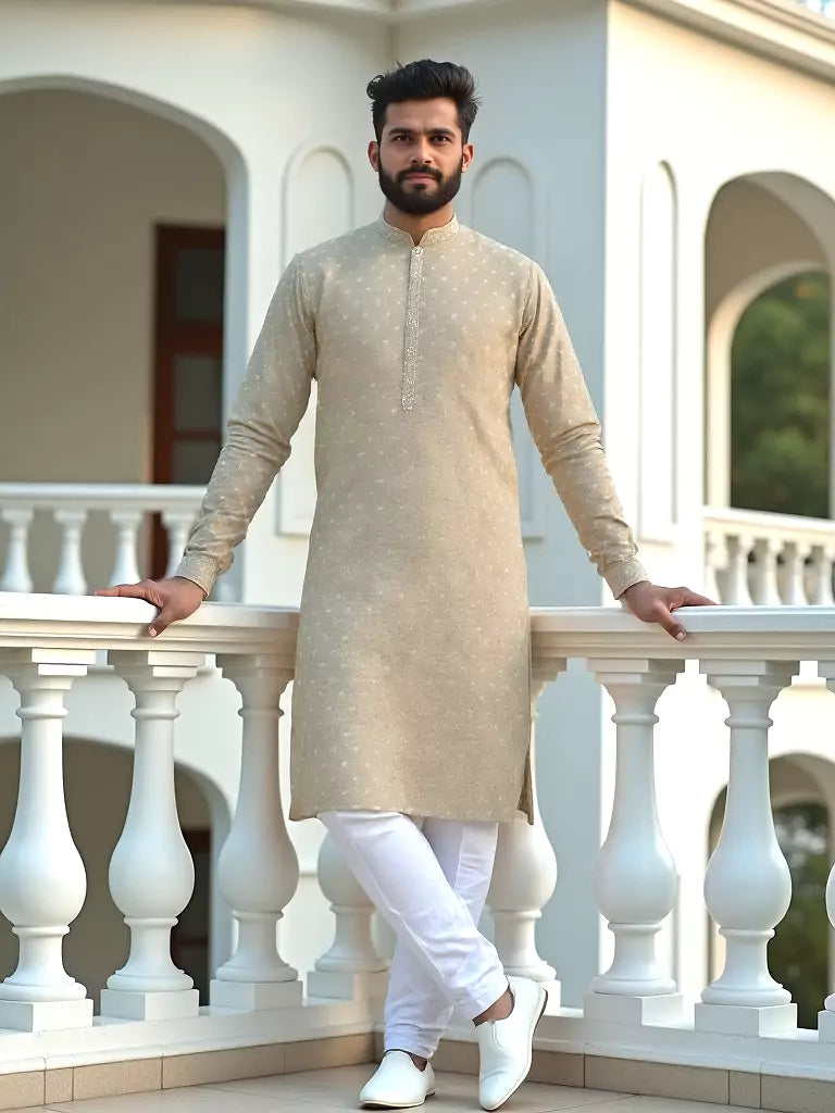 Beige Color Brocade Design Jacquard Kurta Pajama