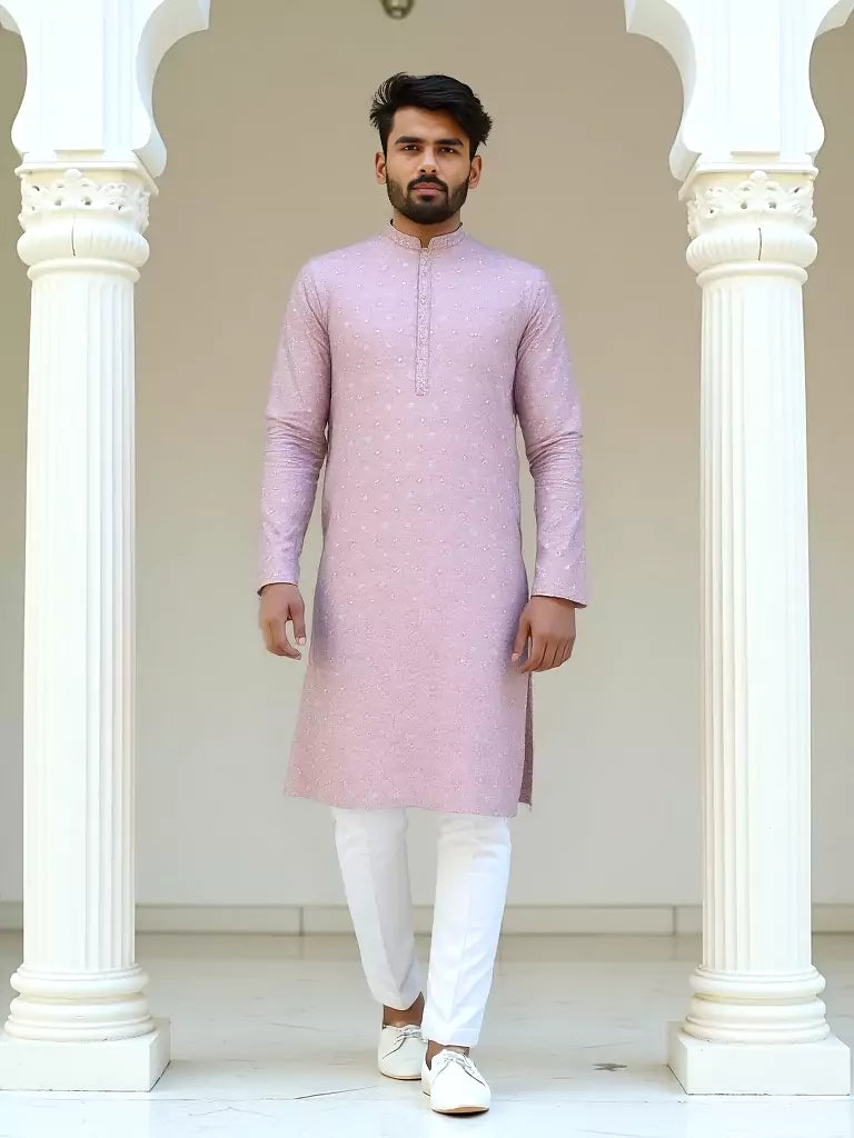 Lilac Color Brocade Design Jacquard Kurta Pajama