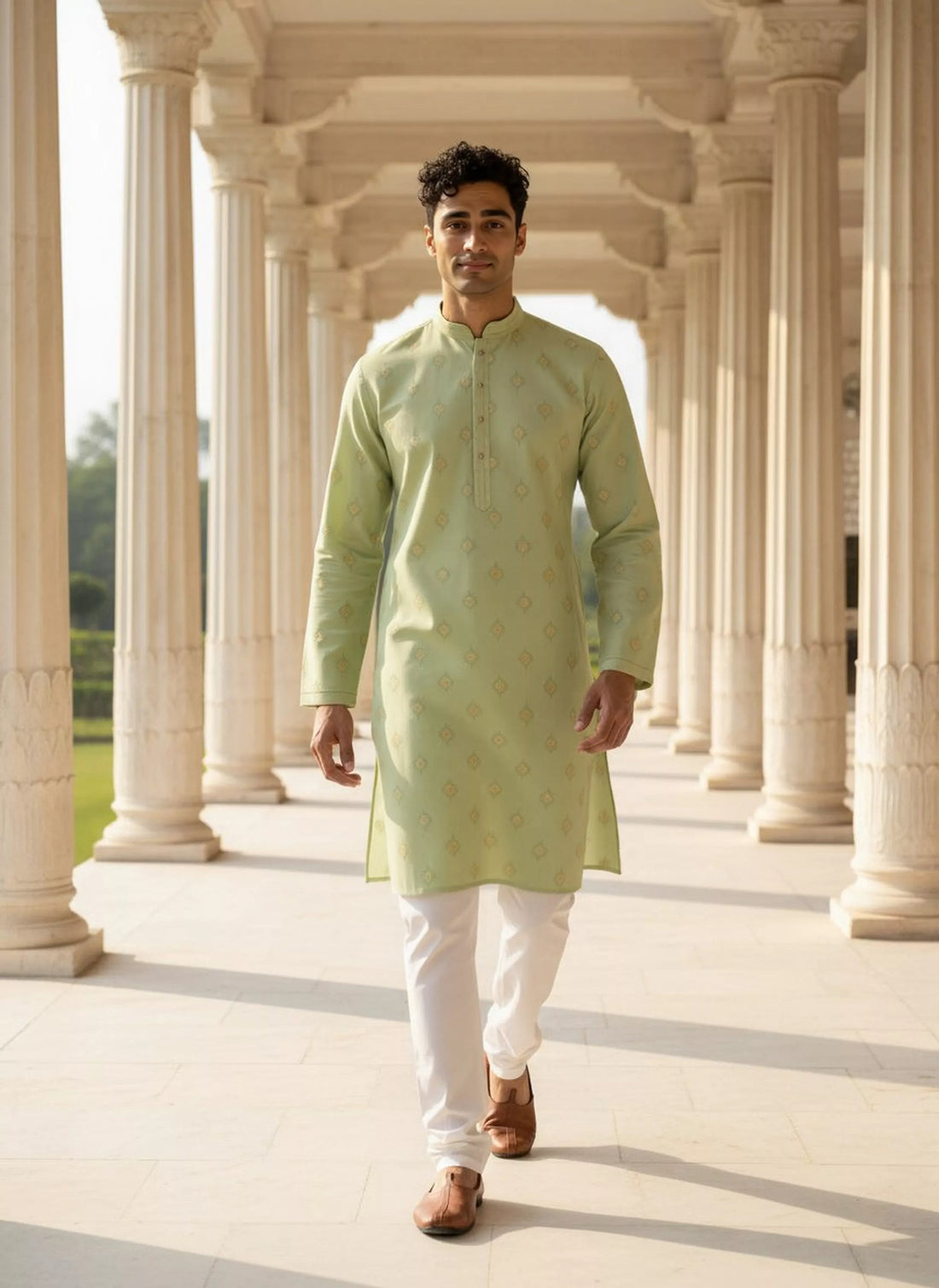 Floral Motifs Pista Coloured Cotton Kurta Pyjamas