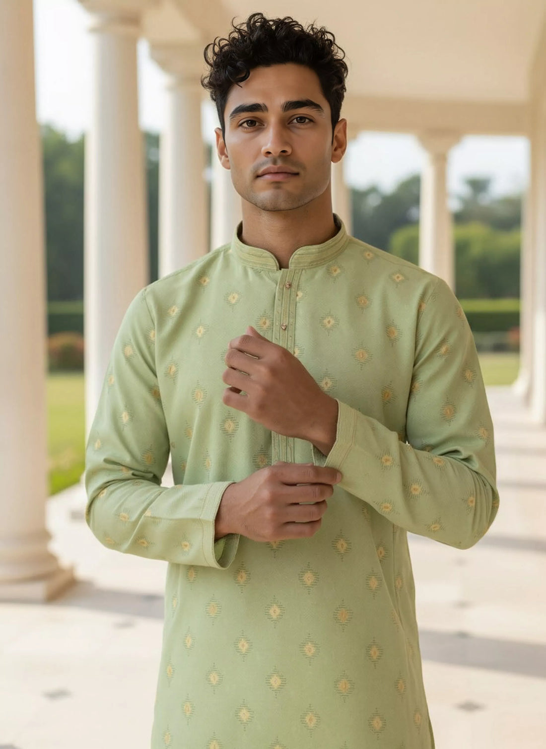 Floral Motifs Pista Coloured Cotton Kurta Pyjamas