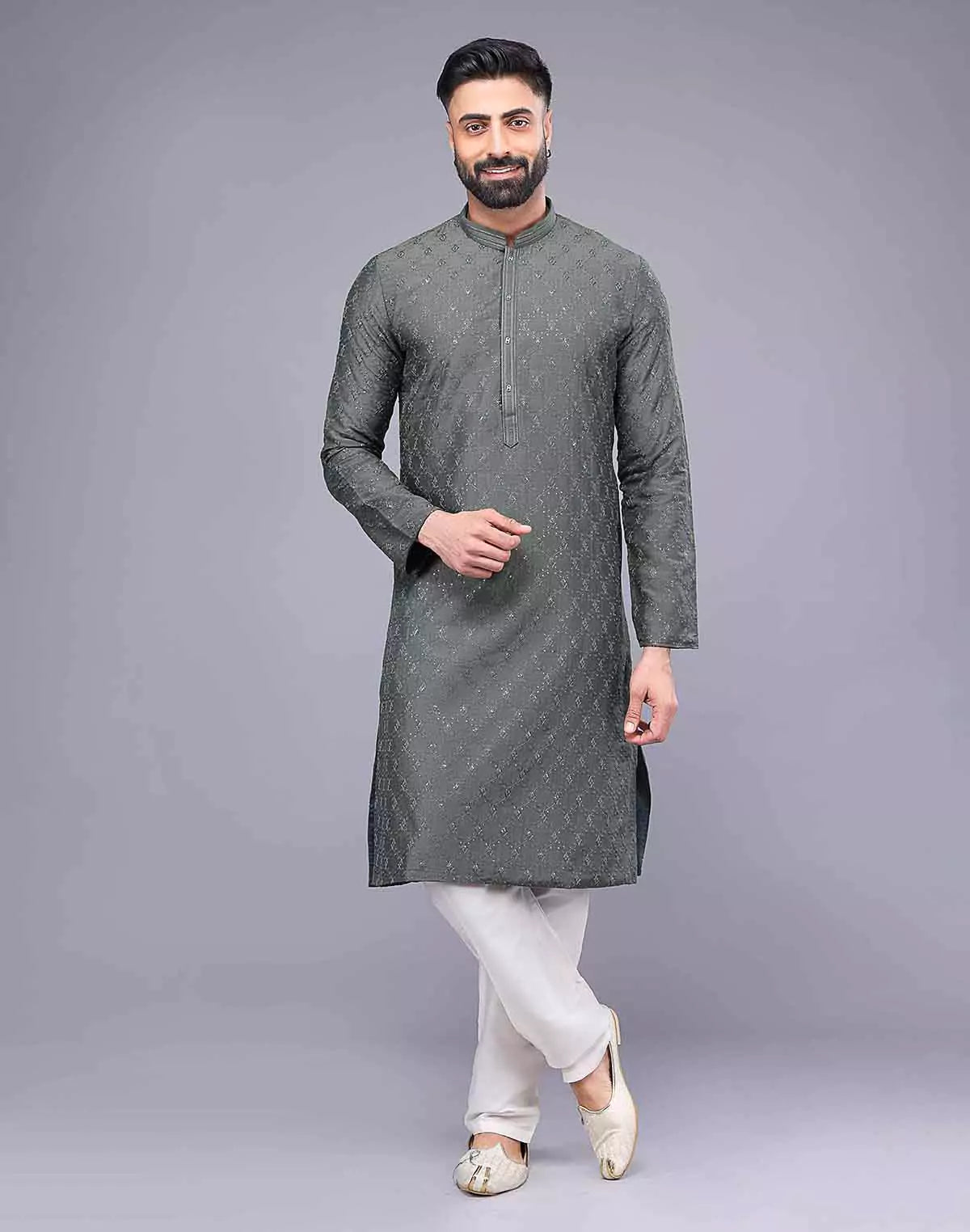 Mehendi Coloured Embellished work Soft Silk Party Wear Kurta Set