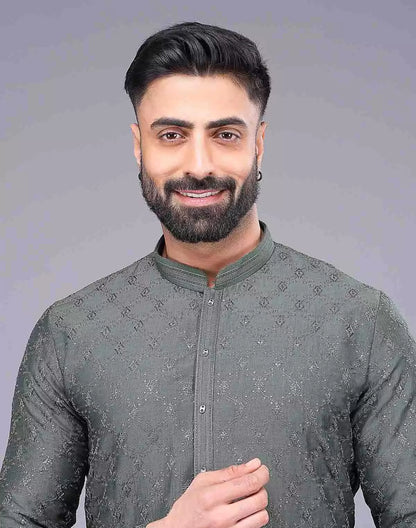 Mehendi Coloured Embellished work Soft Silk Party Wear Kurta Set