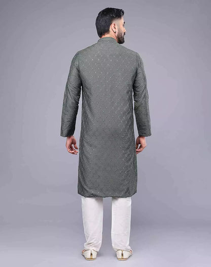 Mehendi Coloured Embellished work Soft Silk Party Wear Kurta Set