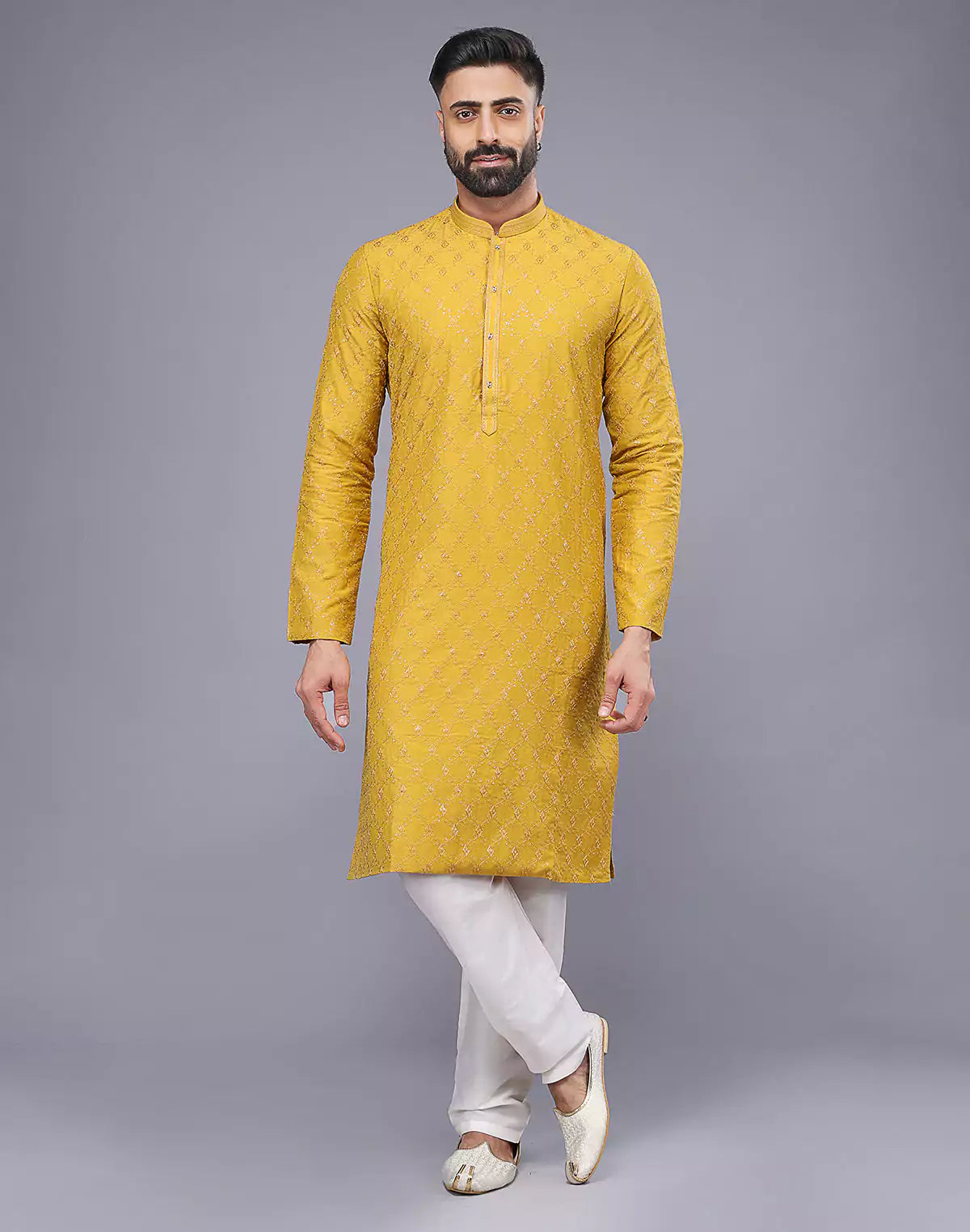 Sunlight Yellow Embellished work Soft Silk Party Wear Floral Kurta Set
