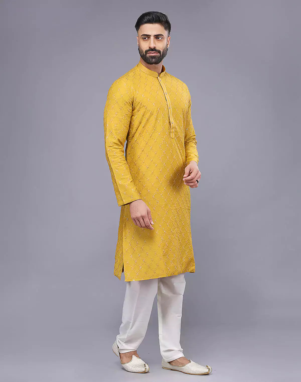 Sunlight Yellow Embellished work Soft Silk Party Wear Floral Kurta Set