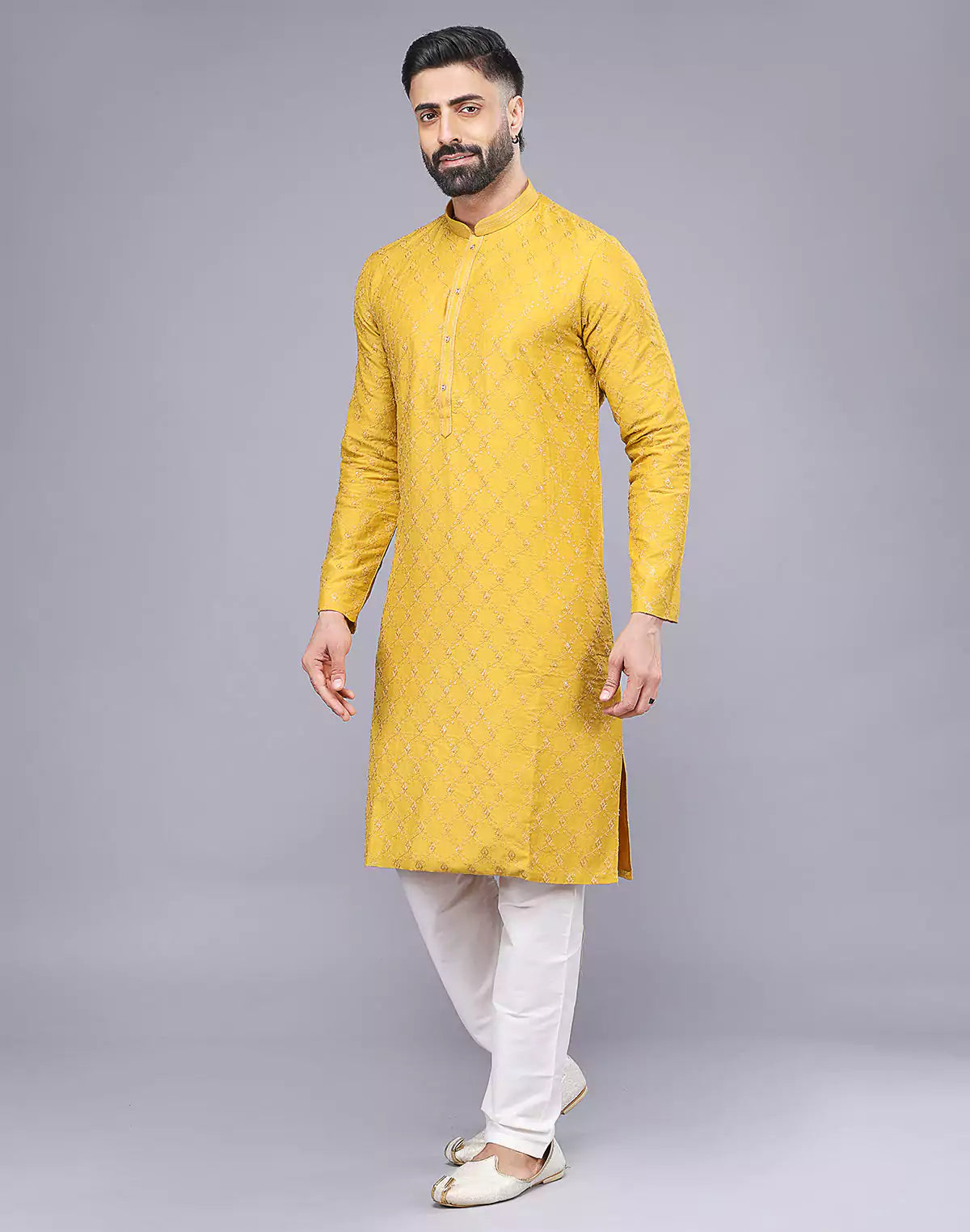 Sunlight Yellow Embellished work Soft Silk Party Wear Floral Kurta Set