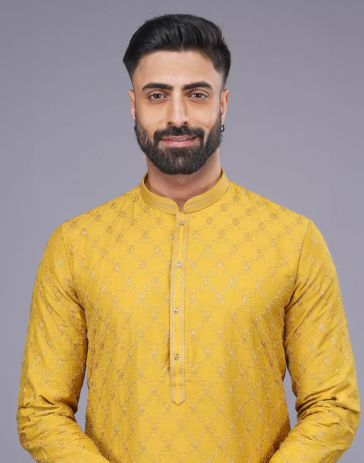 Sunlight Yellow Embellished work Soft Silk Party Wear Floral Kurta Set
