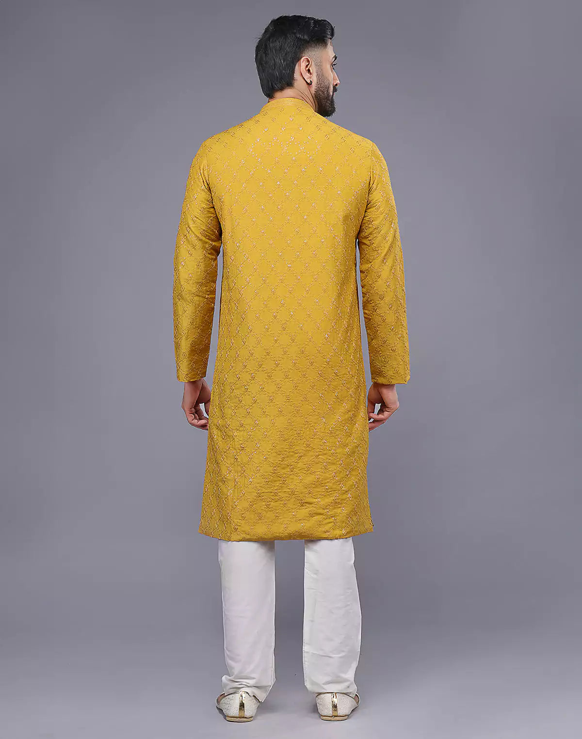 Sunlight Yellow Embellished work Soft Silk Party Wear Floral Kurta Set