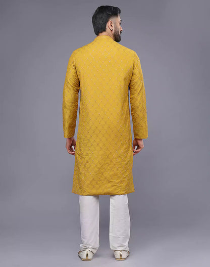 Sunlight Yellow Embellished work Soft Silk Party Wear Floral Kurta Set