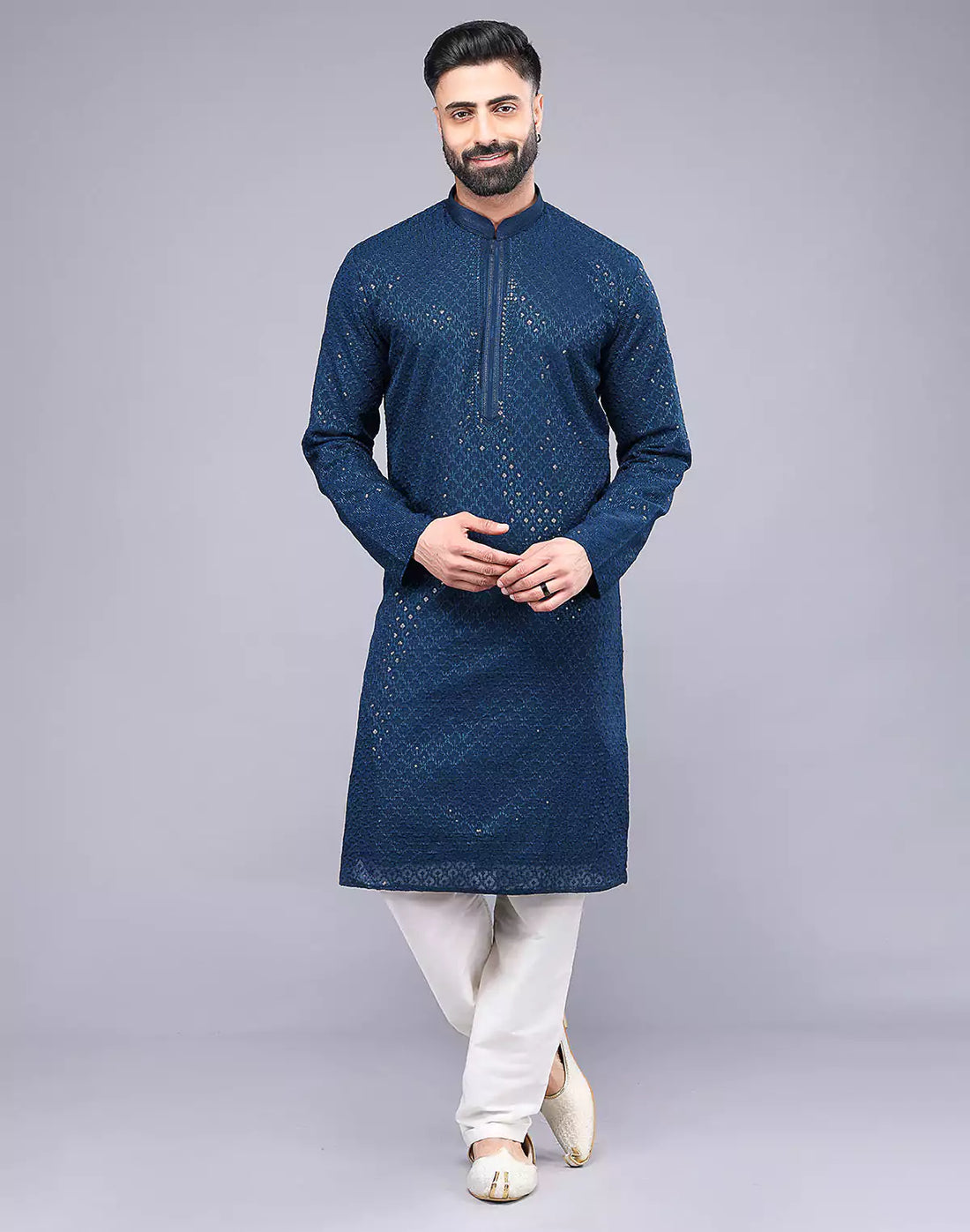 Rama Blue Embellished Work Georgette Party Wear Kurta Pyjama Set