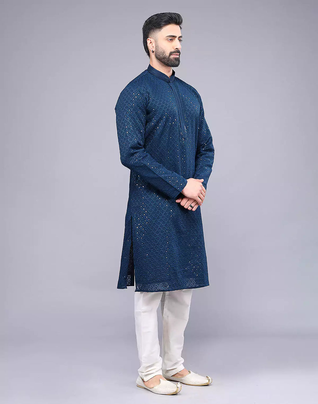 Rama Blue Embellished Work Georgette Party Wear Kurta Pyjama Set