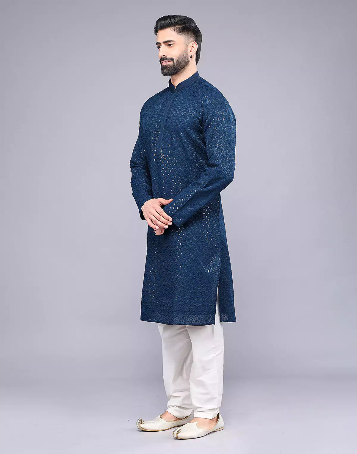 Rama Blue Embellished Work Georgette Party Wear Kurta Pyjama Set