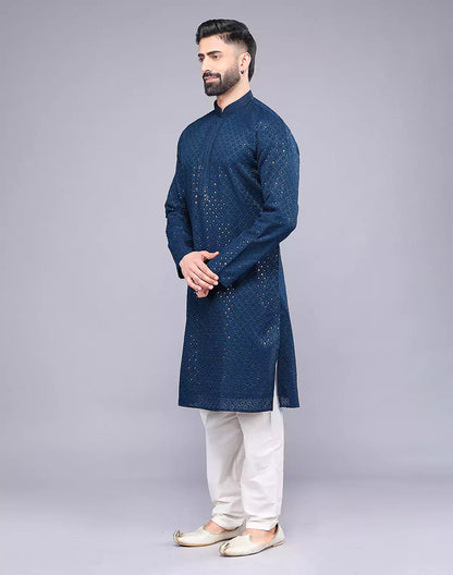 Rama Blue Embellished Work Georgette Party Wear Kurta Pyjama Set