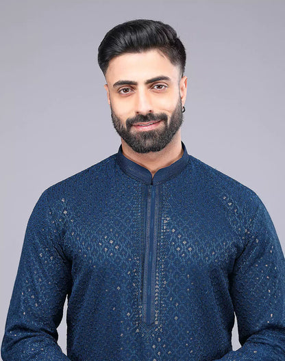 Rama Blue Embellished Work Georgette Party Wear Kurta Pyjama Set
