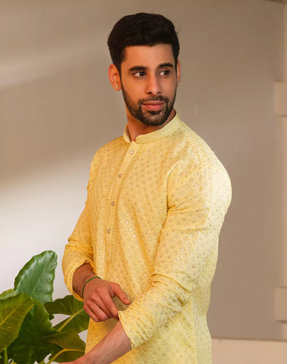 Self Design Georgette Embellished Work Yellow Kurta Pyjama Set