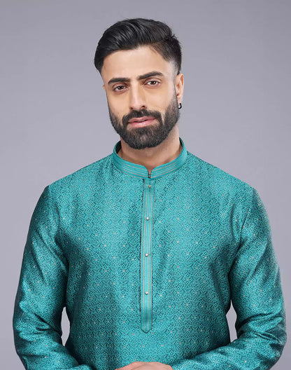Rama Green Self Floral Design Soft Silk Kurta Set