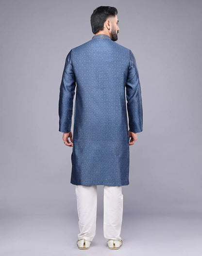All Over Self Floral Design Soft Silk Rama Blue Kurta Set