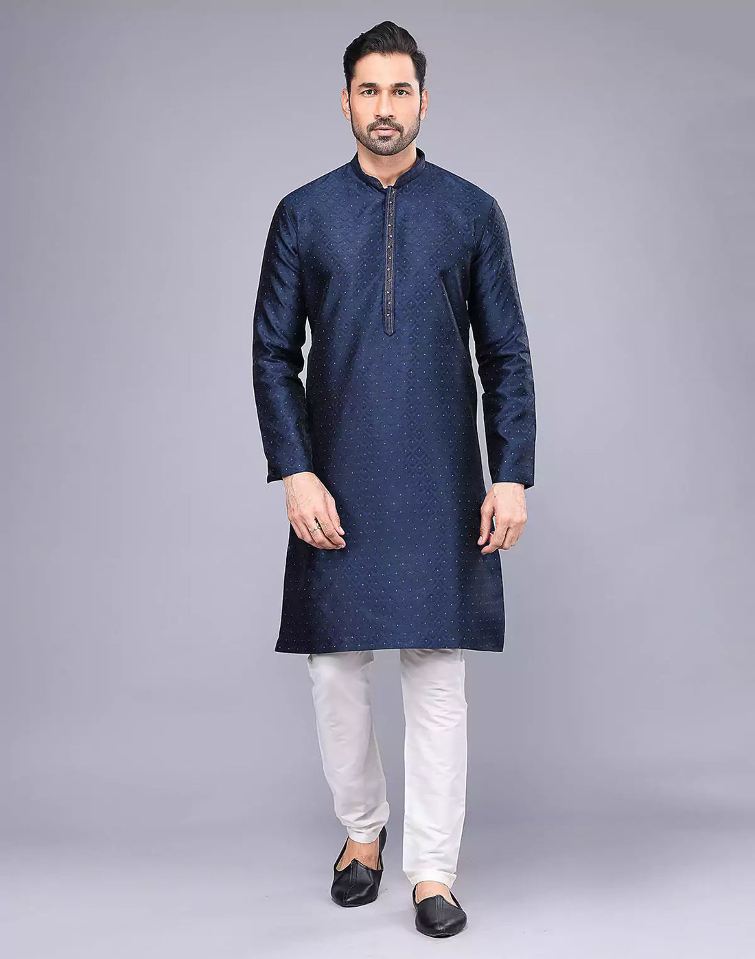 Soft Silk Floral Self Design Blue Coloured Thread Work Kurta Set