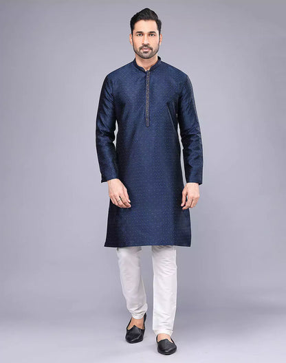 Soft Silk Floral Self Design Blue Coloured Thread Work Kurta Set