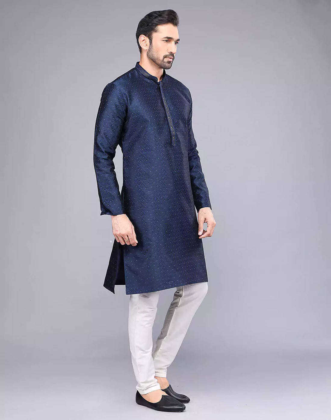 Soft Silk Floral Self Design Blue Coloured Thread Work Kurta Set