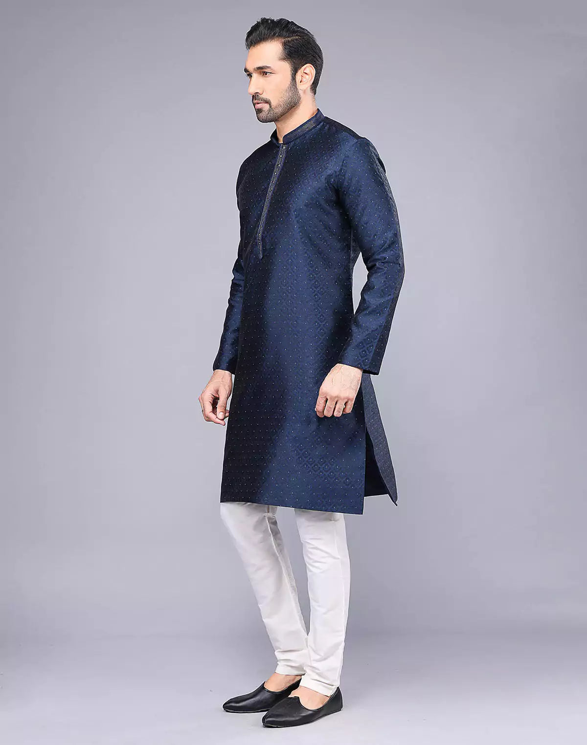 Soft Silk Floral Self Design Blue Coloured Thread Work Kurta Set