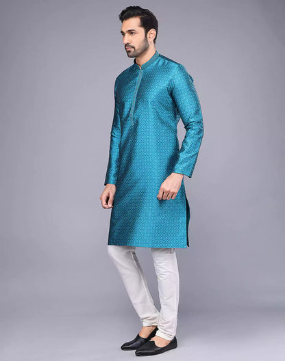 Soft Silk Rama Blue Self Brocade Design Thread Embroidery Kurta Set