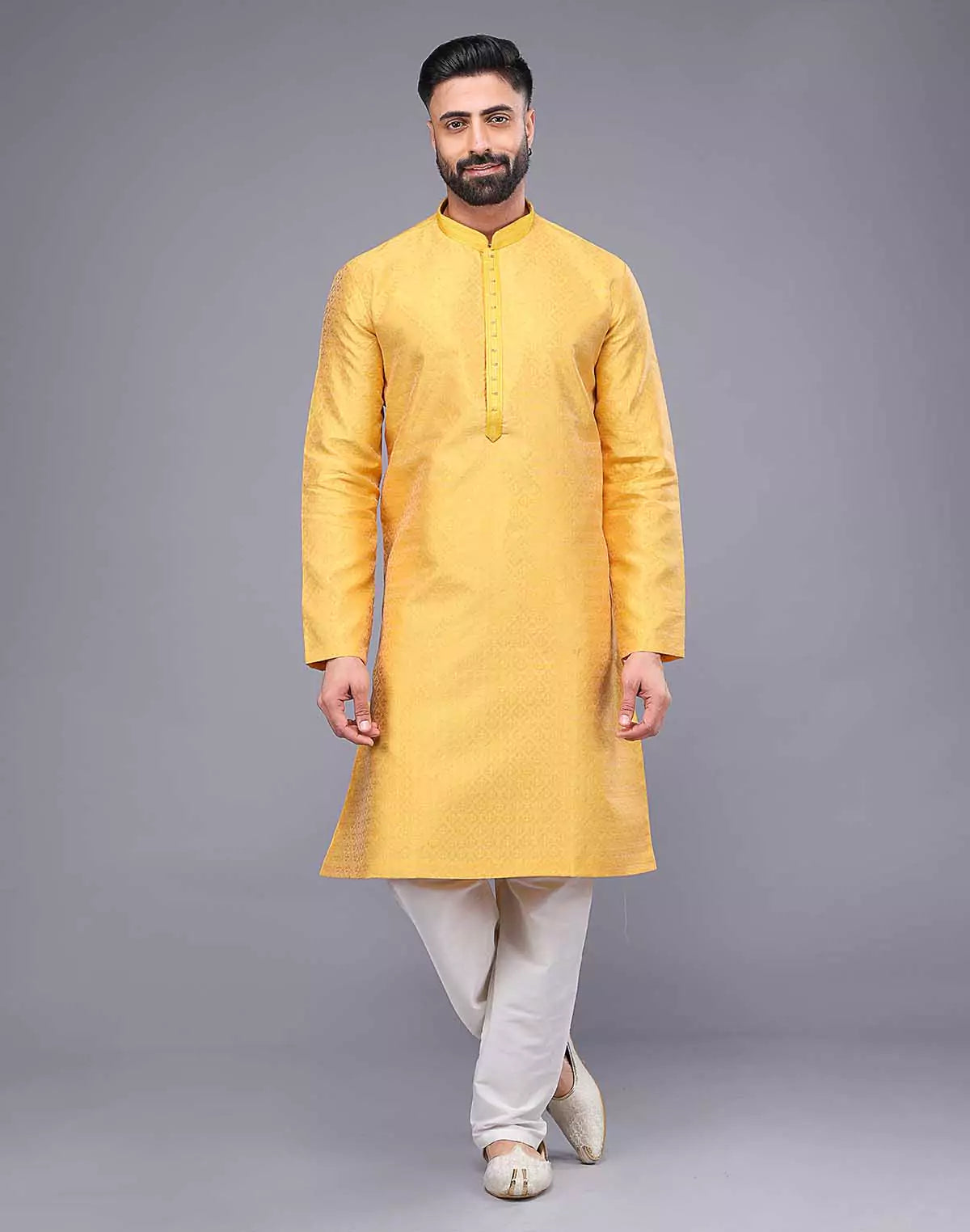 Soft Silk All Over Floral Self Design Thread Work Yellow Kurta Set