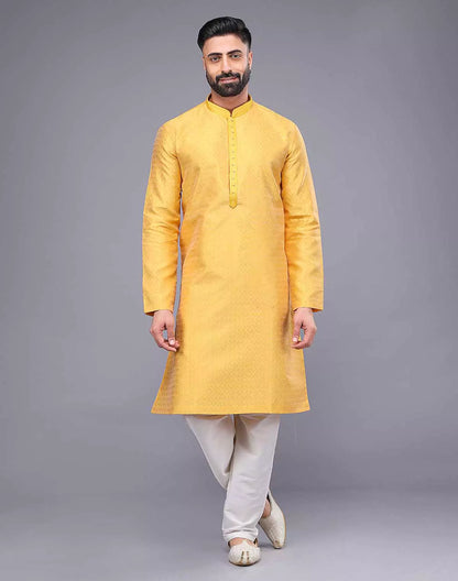 Soft Silk All Over Floral Self Design Thread Work Yellow Kurta Set