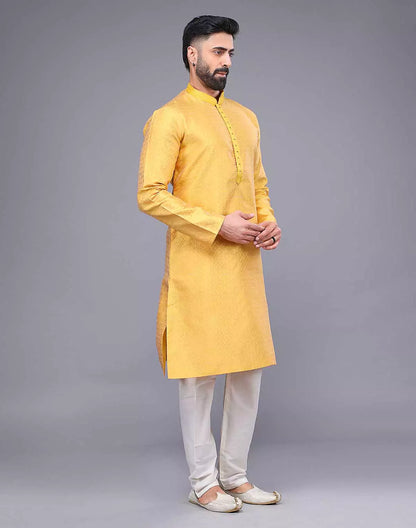 Soft Silk All Over Floral Self Design Thread Work Yellow Kurta Set