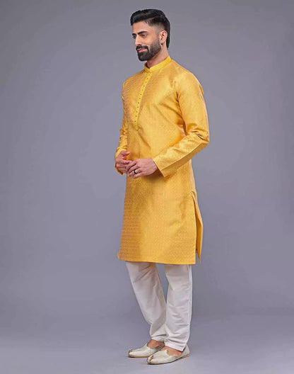 Soft Silk All Over Floral Self Design Thread Work Yellow Kurta Set