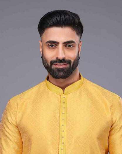 Soft Silk All Over Floral Self Design Thread Work Yellow Kurta Set