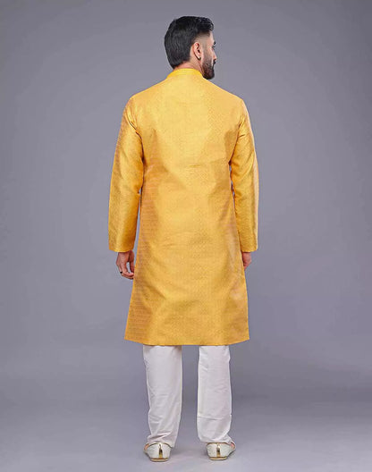 Soft Silk All Over Floral Self Design Thread Work Yellow Kurta Set