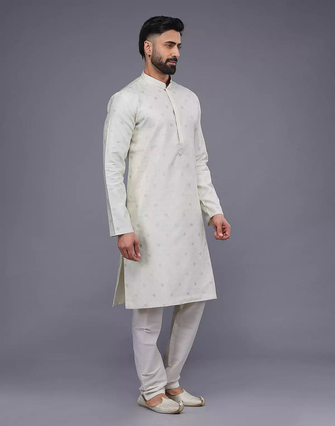 Cream Coloured Silver Floral Design Soft Silk Kurta Set