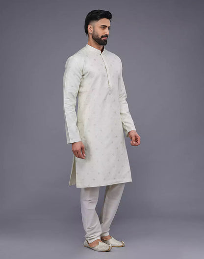 Cream Coloured Silver Floral Design Soft Silk Kurta Set