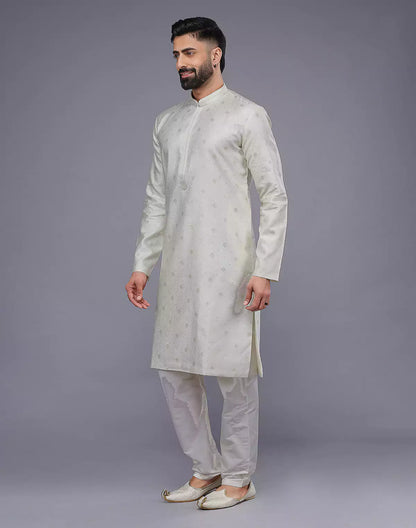 Cream Coloured Silver Floral Design Soft Silk Kurta Set