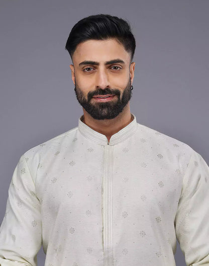 Cream Coloured Silver Floral Design Soft Silk Kurta Set