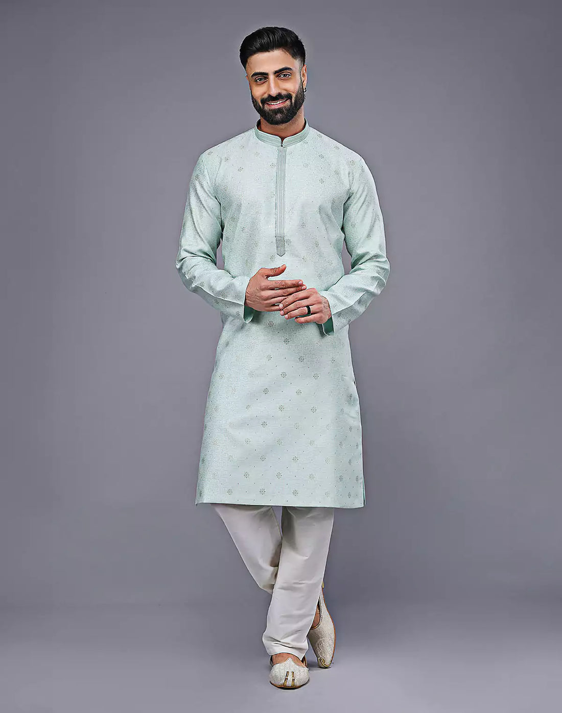 Simple Sky Blue Silver Butta Soft Silk Kurta Pyjama Set
