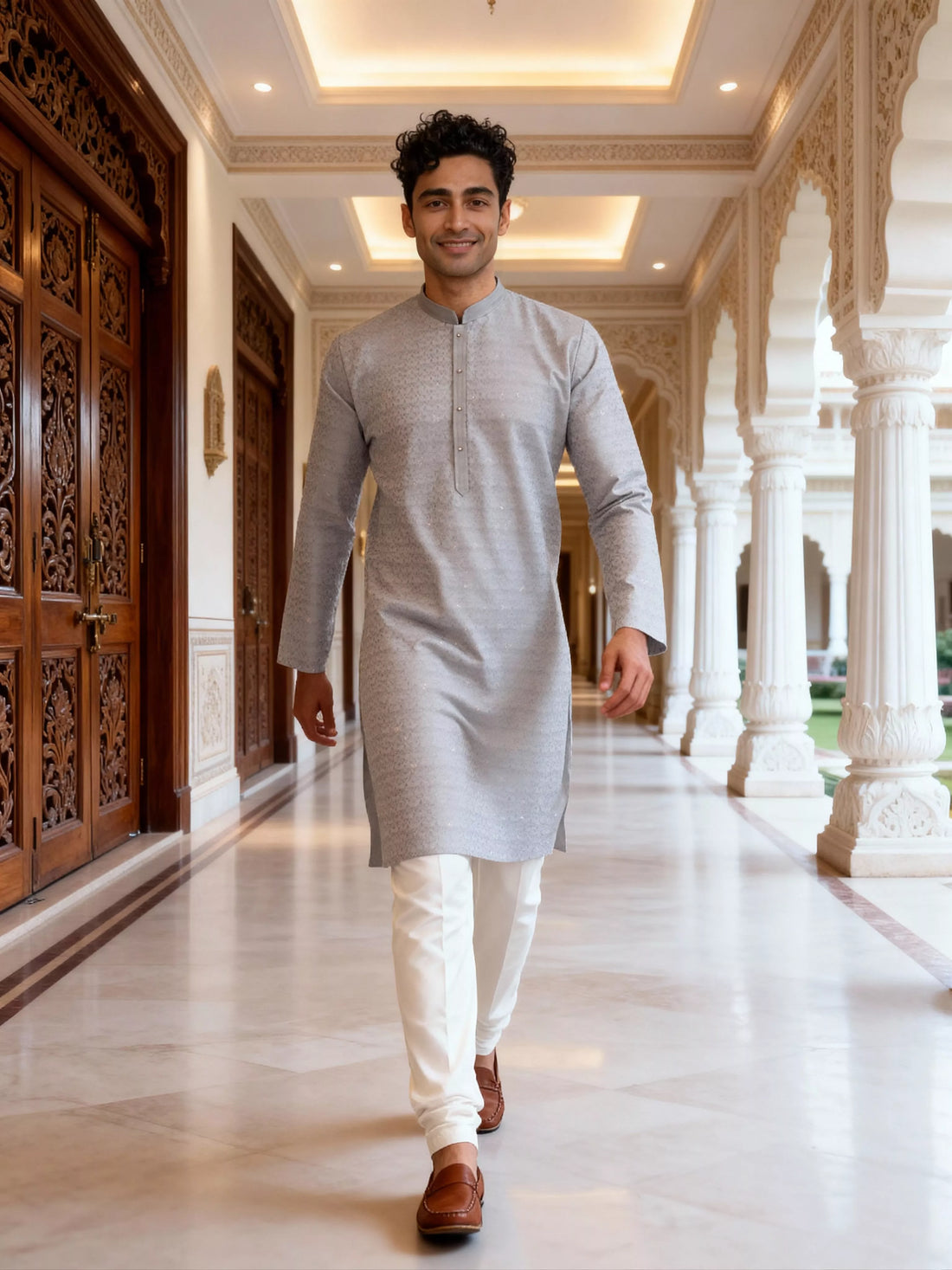 Grey Self Design Jacquard Party Wear Kurta Pyjama Set