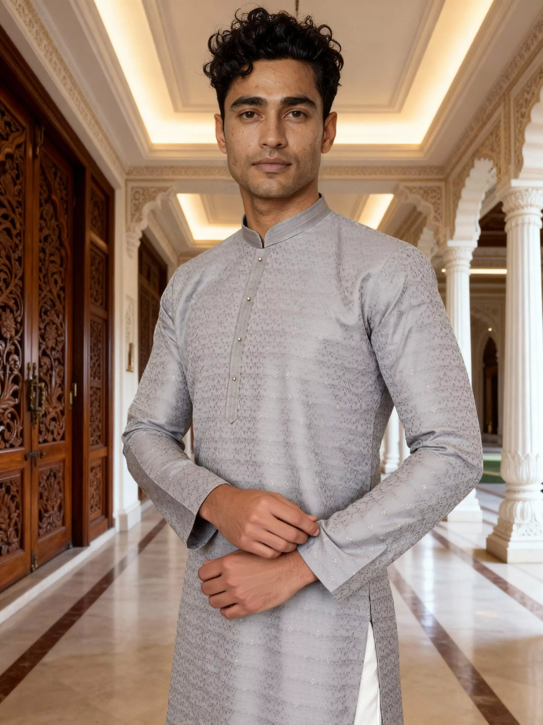 Grey Self Design Jacquard Party Wear Kurta Pyjama Set