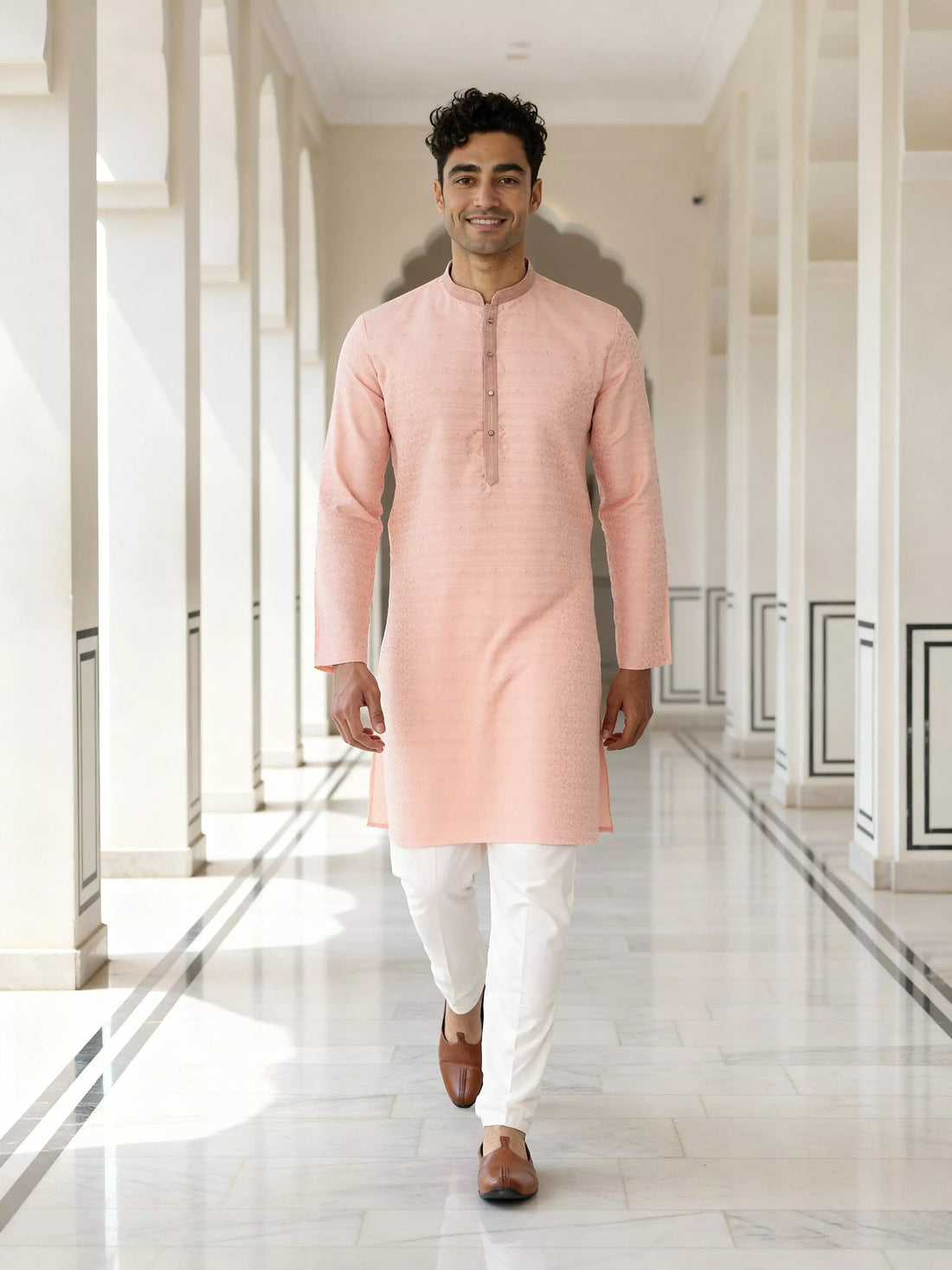 Peach Self Design Jacquard Party Wear Kurta Pyjama Set
