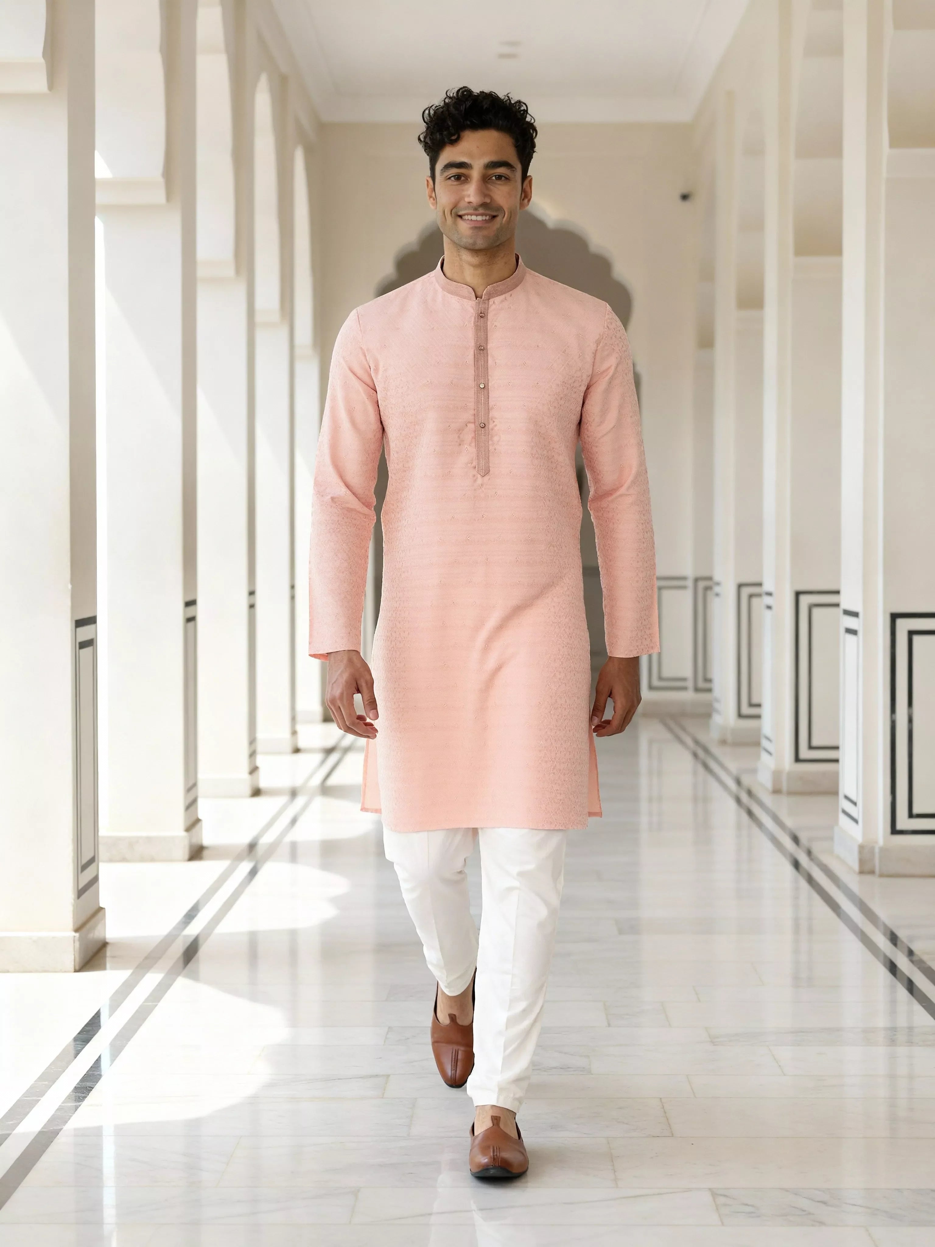 Peach Self Design Jacquard Party Wear Kurta Pyjama Set
