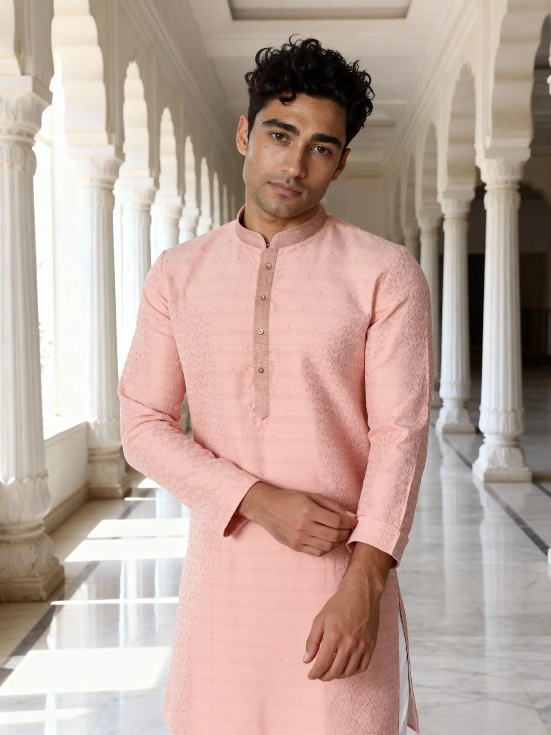 Peach Self Design Jacquard Party Wear Kurta Pyjama Set