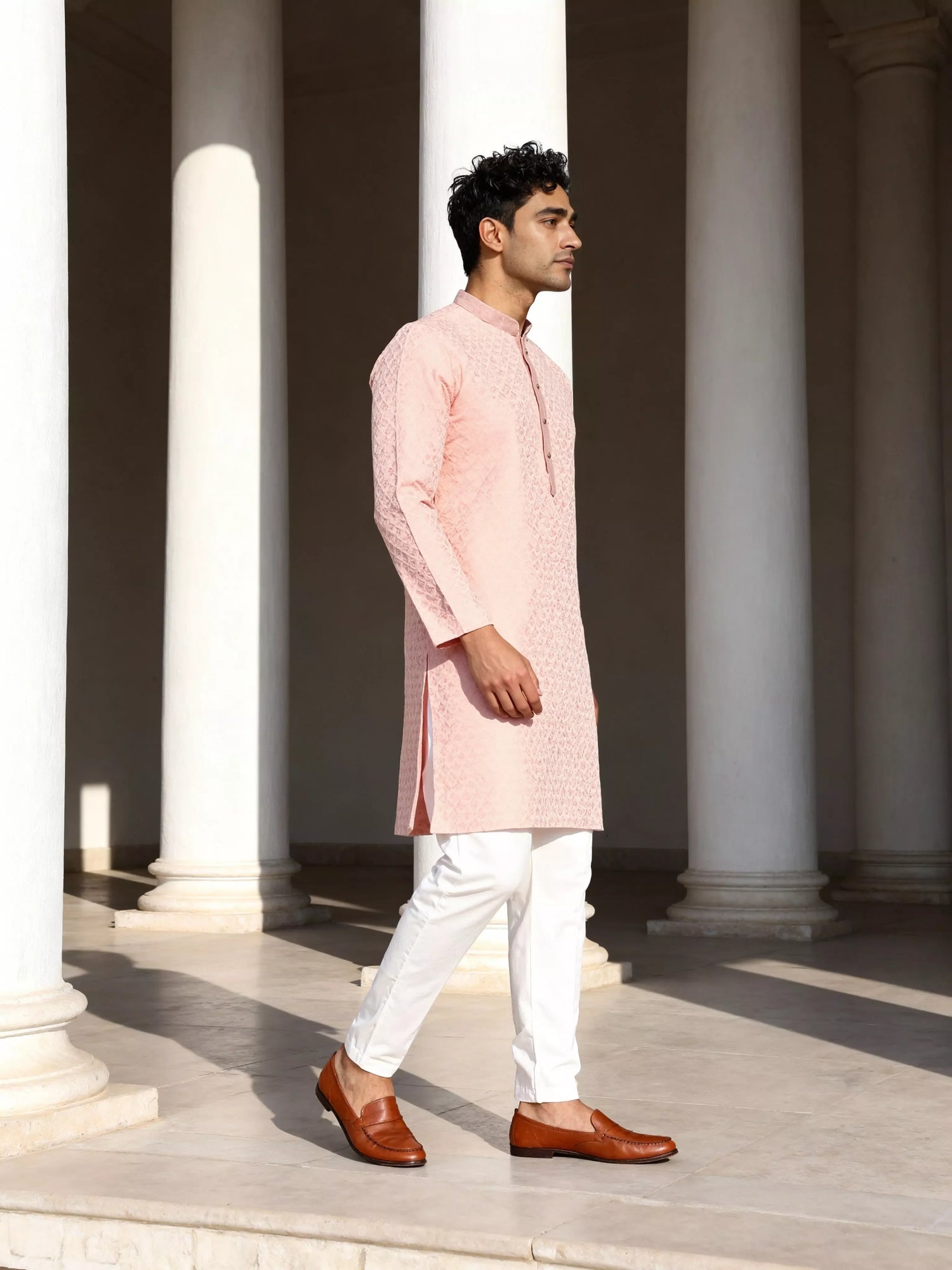 Peach Self Design Jacquard Party Wear Kurta Pyjama Set