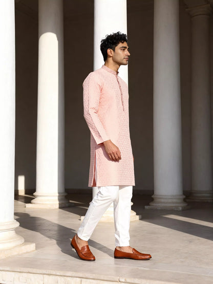 Peach Self Design Jacquard Party Wear Kurta Pyjama Set