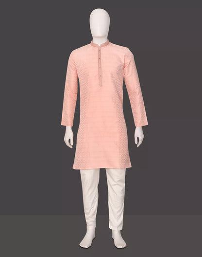 Peach Self Design Jacquard Party Wear Kurta Pyjama Set