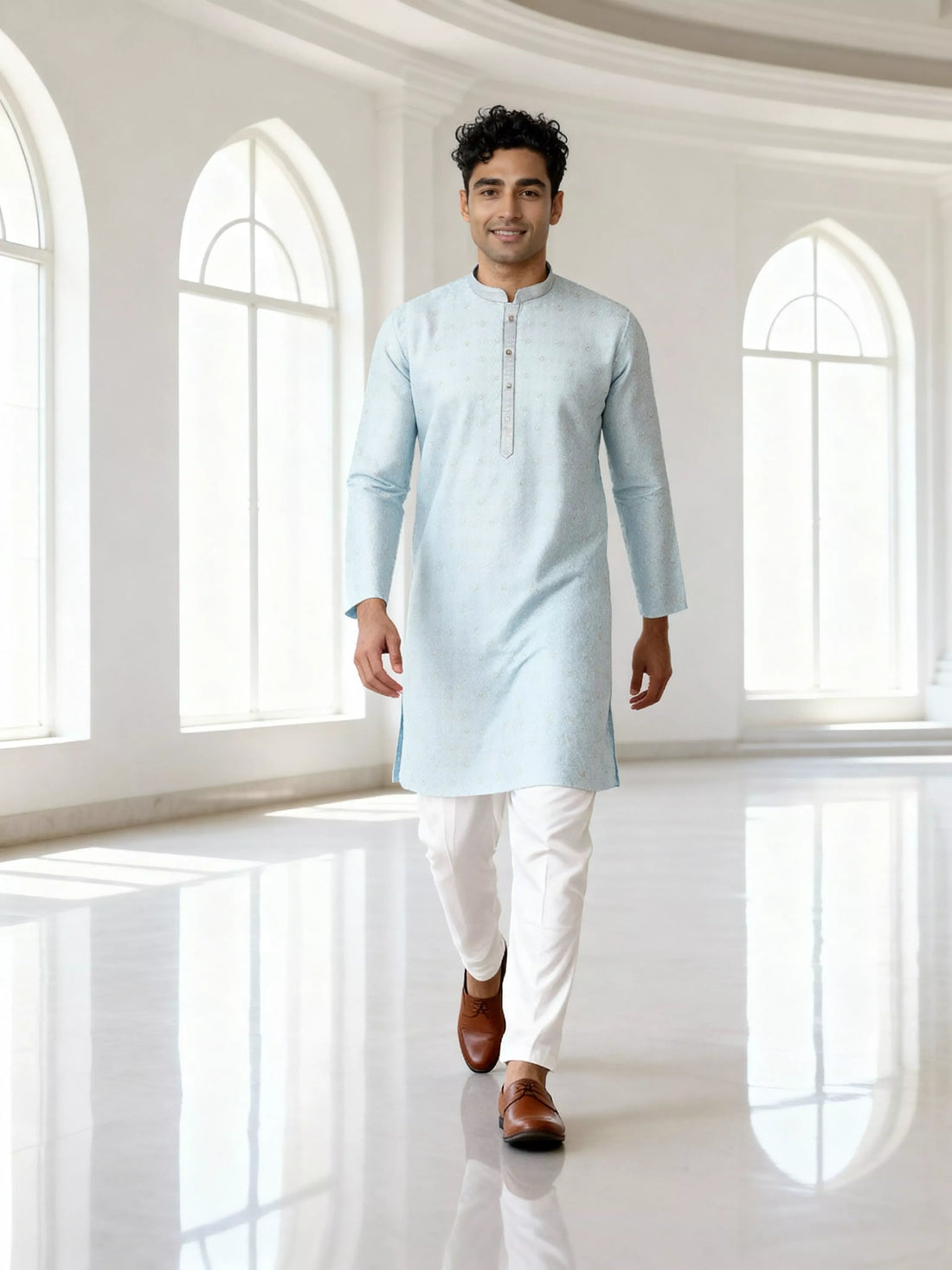 Self Design Jacquard Sky Colour Kurta Pyjama Set