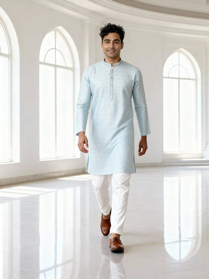 Self Design Jacquard Sky Colour Kurta Pyjama Set