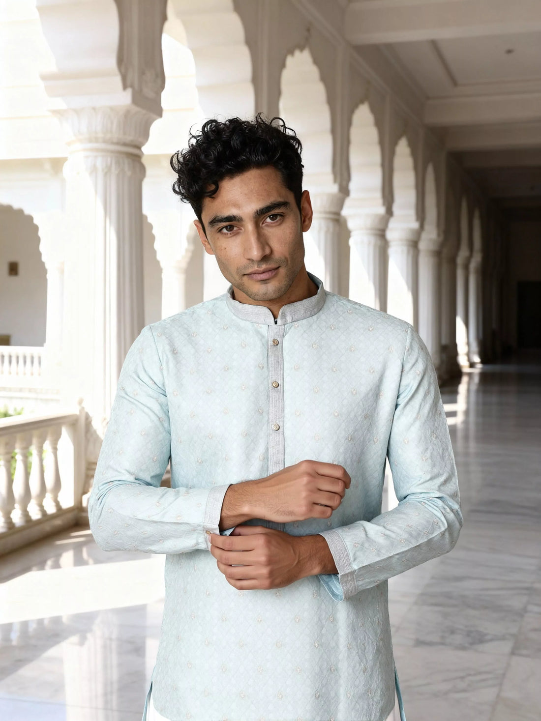 Self Design Jacquard Sky Colour Kurta Pyjama Set