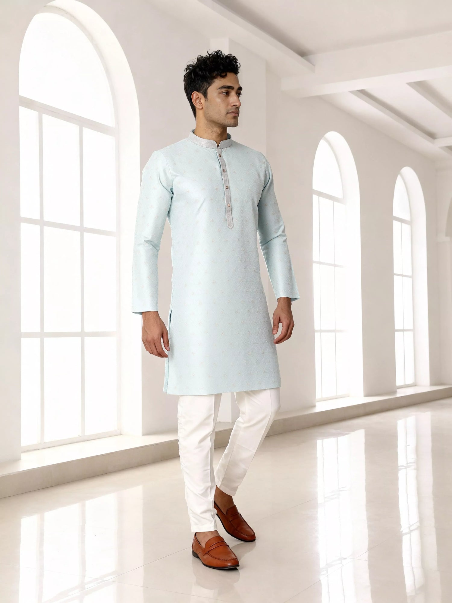 Self Design Jacquard Sky Colour Kurta Pyjama Set