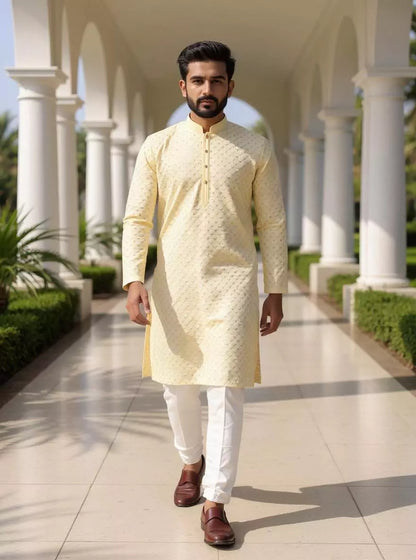 Lemon Floral Thread work Cotton Silk Kurta Pajama
